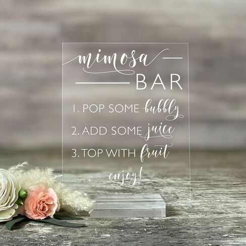 علامة زفاف أكريليك: علامة دش الزفاف من Mimosa Bar - علامة أكريليك شفافة مع حامل - علامة شريط Mimosa، علامة مشروب مجانية، زخارف زفاف ريفية، ديكورات الاستقبال (5X7، حامل أكريليك شفاف) in Kuwait