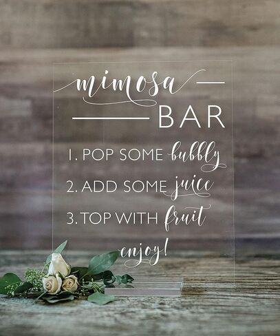 علامة زفاف أكريليك: علامة دش الزفاف من Mimosa Bar - علامة أكريليك شفافة مع حامل - علامة شريط Mimosa، علامة مشروب مجانية، زخارف زفاف ريفية، ديكورات الاستقبال (5X7، حامل أكريليك شفاف) in Kuwait