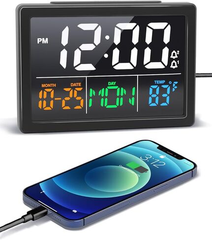 ساعة منبه رقمية، مع شاشة عرض LED كبيرة مقاس 5.5 بوصة، حجم منبه قابل للتعديل، 6 مستويات سطوع، إعدادات منبه، يوم من الأسبوع، شاحن USB، كشف درجة الحرارة، قيلولة بعد الظهر، ساعات لغرفة النوم، أسود in Kuwait
