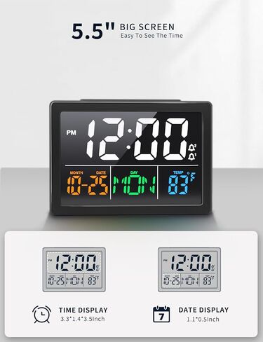 ساعة منبه رقمية، مع شاشة عرض LED كبيرة مقاس 5.5 بوصة، حجم منبه قابل للتعديل، 6 مستويات سطوع، إعدادات منبه، يوم من الأسبوع، شاحن USB، كشف درجة الحرارة، قيلولة بعد الظهر، ساعات لغرفة النوم، أسود in Kuwait