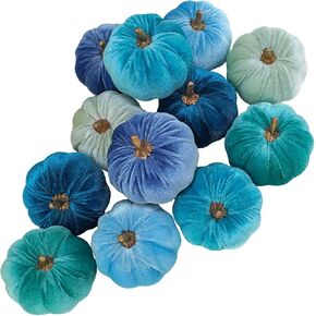 Winlyn 12 Pcs Assorted Small Faux Velvet Pumpkins Decorative Teal Blue Green Turquoise Fabric Pumpkins Foam Pumpkins 3" for Farmhouse Fall Wedding Halloween Thanksgiving Table Centerpiece Mantel Decor