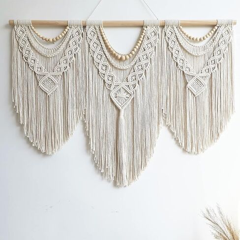 Guzhiou تعليق حائط كبير من Macrame - فن ديكور جداري من نسيج Boho - نسيج بوهيمي منسوج يدويًا أنيق لتزيين المنزل لغرفة النوم وغرفة المعيشة وحفلات الزفاف - 43 بوصة × 32 بوصة (حبة خشبية) in Kuwait