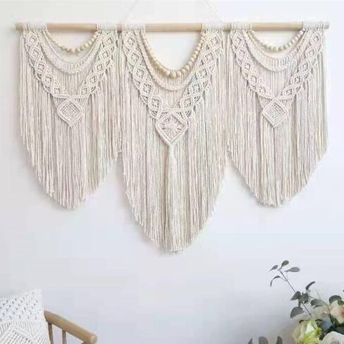 Guzhiou تعليق حائط كبير من Macrame - فن ديكور جداري من نسيج Boho - نسيج بوهيمي منسوج يدويًا أنيق لتزيين المنزل لغرفة النوم وغرفة المعيشة وحفلات الزفاف - 43 بوصة × 32 بوصة (حبة خشبية) in Kuwait