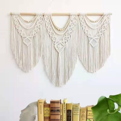 Guzhiou تعليق حائط كبير من Macrame - فن ديكور جداري من نسيج Boho - نسيج بوهيمي منسوج يدويًا أنيق لتزيين المنزل لغرفة النوم وغرفة المعيشة وحفلات الزفاف - 43 بوصة × 32 بوصة (حبة خشبية) in Kuwait