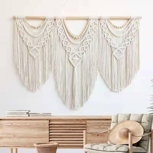 Guzhiou تعليق حائط كبير من Macrame - فن ديكور جداري من نسيج Boho - نسيج بوهيمي منسوج يدويًا أنيق لتزيين المنزل لغرفة النوم وغرفة المعيشة وحفلات الزفاف - 43 بوصة × 32 بوصة (حبة خشبية) in Kuwait