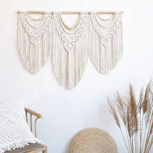 Guzhiou تعليق حائط كبير من Macrame - فن ديكور جداري من نسيج Boho - نسيج بوهيمي منسوج يدويًا أنيق لتزيين المنزل لغرفة النوم وغرفة المعيشة وحفلات الزفاف - 43 بوصة × 32 بوصة (حبة خشبية) in Kuwait