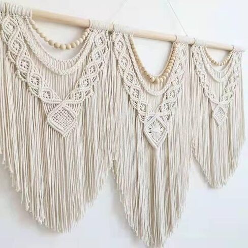 Guzhiou تعليق حائط كبير من Macrame - فن ديكور جداري من نسيج Boho - نسيج بوهيمي منسوج يدويًا أنيق لتزيين المنزل لغرفة النوم وغرفة المعيشة وحفلات الزفاف - 43 بوصة × 32 بوصة (حبة خشبية) in Kuwait