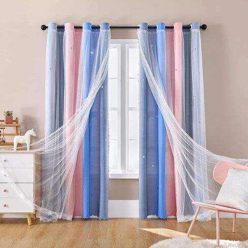 XiDi Dream Star Blackout Curtains for Kids Rooms Girl Princess Curtain for Daughter Bedroom Window (Pink Purple, W52 X L63) in Saudi Arabia