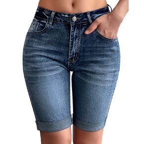 roswear Womens Mid Rise Roll Cuff Bermuda Stretch Denim Jean Shorts