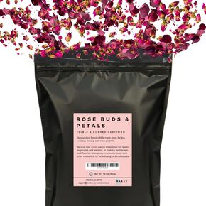 Dried Rose Petals and Rose Buds - Red - 1 Pound Edible Flowers - Use in Tea, Baking, Making Rose Water, Crafting, Wedding Confetti - Included Sample Bottle of Rose Absolute Essential Oil - by bMAKER in Kuwait