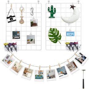 جدار صور سلكي من FUNLAX، مجموعة من لوحتين شبكيتين للحائط السلكي، عرض صور ديكور شبكي مقاس 15.7 × 11.8 بوصة، منظم تخزين حائطي، صورة معلقة مع خطاف لاصق، مشبك حديد، مشبك من الخيزران، سلك قنب أبيض in Kuwait