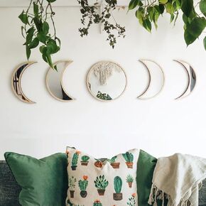 MAXROCK Moon Phase Mirror Set, 5 Piece Scandinavian Natural Decor Wall Decorative Acrylic Mirror Bohemian Moon Mirror for Living Room Bedroom, Home , Not Real Mirror