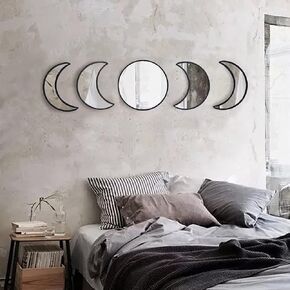 5pcs Boho Home Wall Decor Moon Phase Decorative Mirror Set Acrylic Bedroom Bohemian Decoration Self Adhesive Ornament Living Room Decor (Beige)