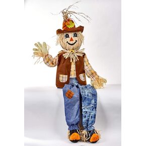 Worth Imports 60" Life Size Harvest Sitting Scarecrow, Blue, Brown, Yellow, Cream, Black, Orange in Saudi Arabia