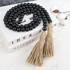 58in Farmhouse Beads Wood Bead Garland with Tassels, Rustic Farmhouse Decor for Farmhouse Tiered Tray Farmhouse Wall Decor (Black, 58in/1Pcs)