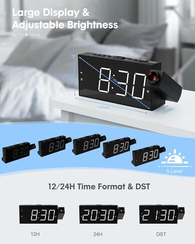 Mesqool Digital Projection Alarm Clock with Dual Alarms, 5 Levels Dimmer in Kuwait