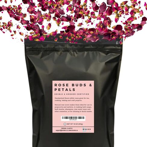 Dried Rose Petals and Rose Buds - Red - 1 Pound Edible Flowers - Use in Tea, Baking, Making Rose Water, Crafting, Wedding Confetti - Included Sample Bottle of Rose Absolute Essential Oil - by bMAKER in Kuwait
