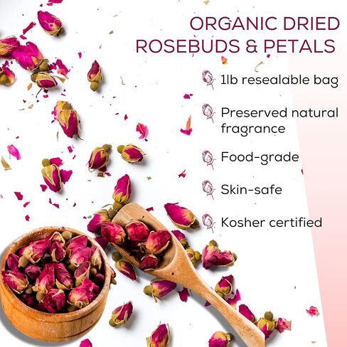 Dried Rose Petals and Rose Buds - Red - 1 Pound Edible Flowers - Use in Tea, Baking, Making Rose Water, Crafting, Wedding Confetti - Included Sample Bottle of Rose Absolute Essential Oil - by bMAKER in Kuwait