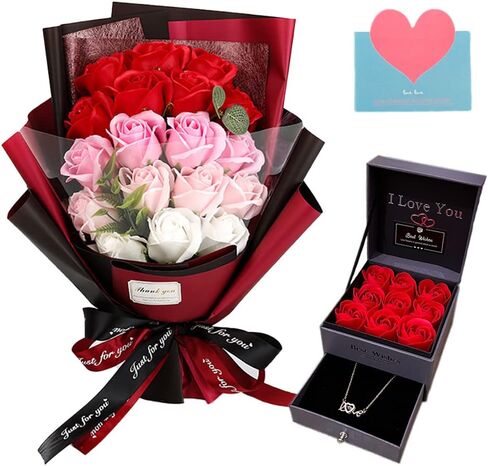 Roses Bouquet Artificial Flower - Preserved Red Rose Flowers with Love Necklace for Her - Unique Gifts Valentine's Day, Mother's Day, Thanksgiving, Birthday, Anniversary (512) in Saudi Arabia