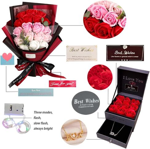 Roses Bouquet Artificial Flower - Preserved Red Rose Flowers with Love Necklace for Her - Unique Gifts Valentine's Day, Mother's Day, Thanksgiving, Birthday, Anniversary (512) in Saudi Arabia