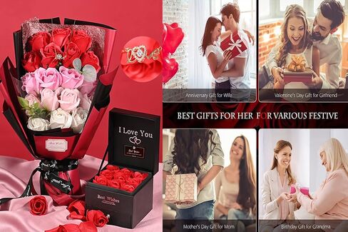 Roses Bouquet Artificial Flower - Preserved Red Rose Flowers with Love Necklace for Her - Unique Gifts Valentine's Day, Mother's Day, Thanksgiving, Birthday, Anniversary (512) in Saudi Arabia