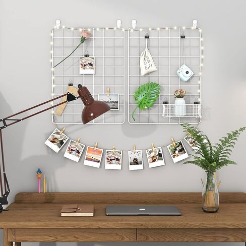 جدار صور سلكي من FUNLAX، مجموعة من لوحتين شبكيتين للحائط السلكي، عرض صور ديكور شبكي مقاس 15.7 × 11.8 بوصة، منظم تخزين حائطي، صورة معلقة مع خطاف لاصق، مشبك حديد، مشبك من الخيزران، سلك قنب أبيض in Kuwait