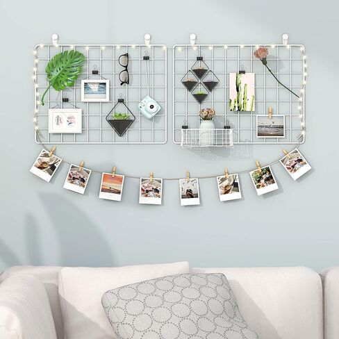 جدار صور سلكي من FUNLAX، مجموعة من لوحتين شبكيتين للحائط السلكي، عرض صور ديكور شبكي مقاس 15.7 × 11.8 بوصة، منظم تخزين حائطي، صورة معلقة مع خطاف لاصق، مشبك حديد، مشبك من الخيزران، سلك قنب أبيض in Kuwait