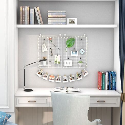 جدار صور سلكي من FUNLAX، مجموعة من لوحتين شبكيتين للحائط السلكي، عرض صور ديكور شبكي مقاس 15.7 × 11.8 بوصة، منظم تخزين حائطي، صورة معلقة مع خطاف لاصق، مشبك حديد، مشبك من الخيزران، سلك قنب أبيض in Kuwait