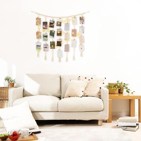 Mkono Macrame عرض الصور المعلقة ديكور الحائط مع سلسلة أضواء بوهو الخرز الخشبي جارلاند حامل إطار الصورة المجمعة مع 45 مقطعًا لغرفة النوم، وغرفة المعيشة، ومسكن الحضانة، وهدايا الفتيات المراهقات in Kuwait