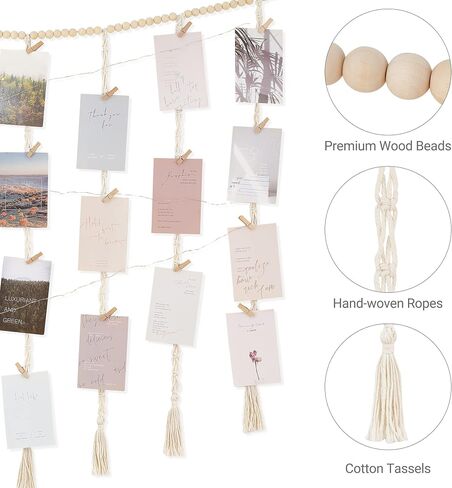 Mkono Macrame عرض الصور المعلقة ديكور الحائط مع سلسلة أضواء بوهو الخرز الخشبي جارلاند حامل إطار الصورة المجمعة مع 45 مقطعًا لغرفة النوم، وغرفة المعيشة، ومسكن الحضانة، وهدايا الفتيات المراهقات in Kuwait