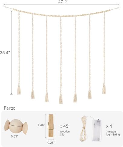 Mkono Macrame عرض الصور المعلقة ديكور الحائط مع سلسلة أضواء بوهو الخرز الخشبي جارلاند حامل إطار الصورة المجمعة مع 45 مقطعًا لغرفة النوم، وغرفة المعيشة، ومسكن الحضانة، وهدايا الفتيات المراهقات in Kuwait