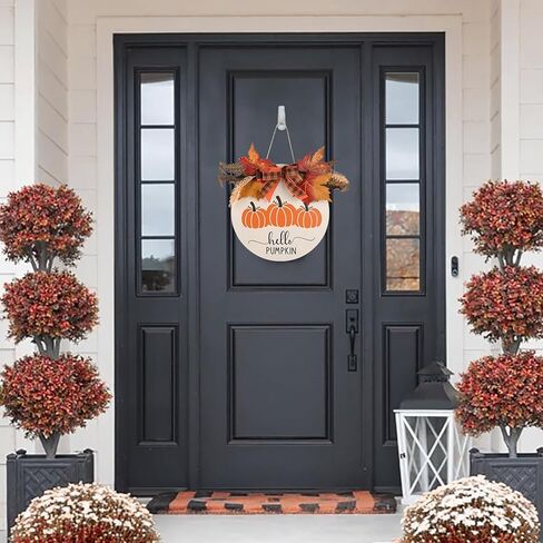 ديكور الخريف لأكاليل الخريف المنزلية للباب الأمامي - نمط اليقطين الخريفي مقاس 12 بوصة مع القوس وإكليل الزهور الخضراء - ديكورات الخريف لحصاد عيد الشكر في المزرعة في الهواء الطلق، شماعة باب ونافذة الحائط in Kuwait