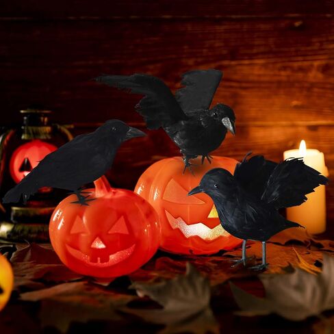 FUNPENY Halloween الغربان ذات الريش الأسود، طيور زينة الهالوين Lifelik مع ريش حقيقي (6 عبوات) in Kuwait