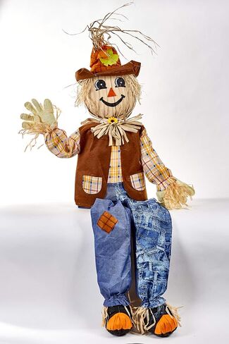 Worth Imports 60" Life Size Harvest Sitting Scarecrow، أزرق، بني، أصفر، كريمي، أسود، برتقالي in Saudi Arabia