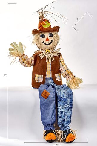 Worth Imports 60" Life Size Harvest Sitting Scarecrow، أزرق، بني، أصفر، كريمي، أسود، برتقالي in Saudi Arabia