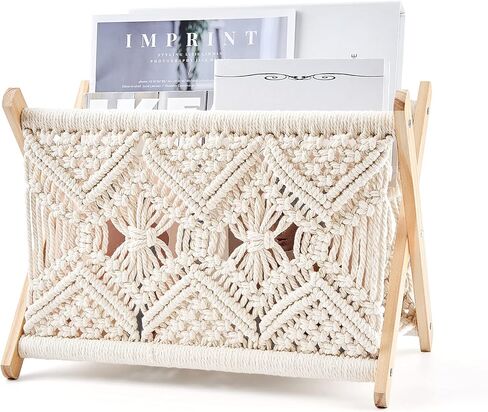 رف مجلة Mkono Macrame حامل تخزين Boho سلة واقفة للكتب والصحف وبطانية القماط وأساسيات النوم وغرفة المعيشة والحمام والمكتب والحضانة وديكور المنزل، مقاس صغير، 11.2 بوصة طول × 7.5 بوصة عرض in Kuwait