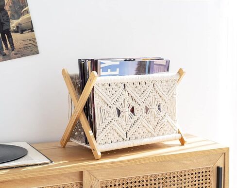 رف مجلة Mkono Macrame حامل تخزين Boho سلة واقفة للكتب والصحف وبطانية القماط وأساسيات النوم وغرفة المعيشة والحمام والمكتب والحضانة وديكور المنزل، مقاس صغير، 11.2 بوصة طول × 7.5 بوصة عرض in Kuwait