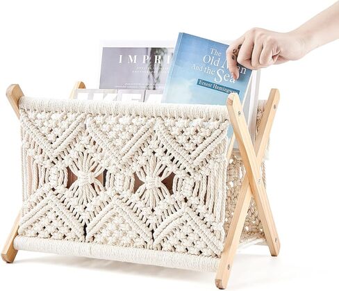 رف مجلة Mkono Macrame حامل تخزين Boho سلة واقفة للكتب والصحف وبطانية القماط وأساسيات النوم وغرفة المعيشة والحمام والمكتب والحضانة وديكور المنزل، مقاس صغير، 11.2 بوصة طول × 7.5 بوصة عرض in Kuwait