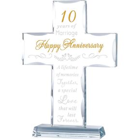 YWHL Happy 10 Years Anniversary Glass Cross Gifts for Her, 10th Wedding Anniversary Religious Gifts for Couples, Glass Cross Keepsake Standing on Base