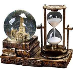 LED Music Crystal Snow Globe with Hourglass Vintage Paris Eiffel Tower Home Decoration for Living Room Bedroom Book Shelf TV Cabinet Desktop Decor Table Centerpieces Ornaments (A - Brass)