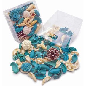 حقيبة DomeStar Sea Shell Potpourri، بتلات مجففة فيروزية برائحة المحيط المنعشة، محارة البحر وأكياس كرات الروطان المزخرفة، حشو وعاء العطر الربيعي وحشو المزهرية