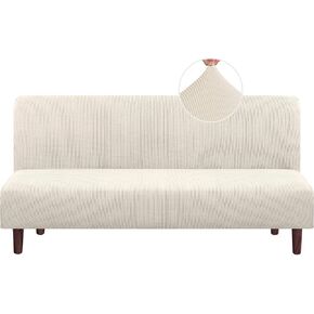 PrinceDeco Stretch Armless Futon Cover Futon Slipcover Full Queen Size Futon Couch Cover Futon Sofa Cover Futon Bed Cover Furniture Protector with Elastic Bottom, Machine Washable, Biscotti Beige