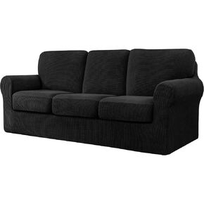 CHUN YI 7 Piece Stretch Sofa Cover, 3 Seater Couch Slipcover with Three Separate Backrests and Cushions with Elastic Band, Checks Spandex Jacquard Fabric(Large,Beige)