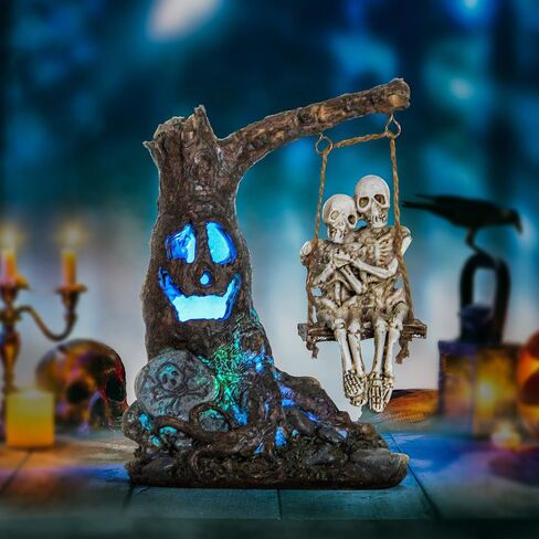 Halloween skull statue with spooky LED light for holiday decorations,Halloween decor with romantic skeleton couple on swing tombstone tree,Grinning skull decor,Halloween props haunted collectible gift in Kuwait