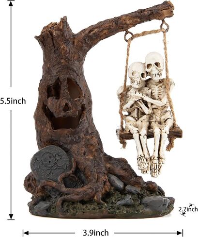 Halloween skull statue with spooky LED light for holiday decorations,Halloween decor with romantic skeleton couple on swing tombstone tree,Grinning skull decor,Halloween props haunted collectible gift in Kuwait