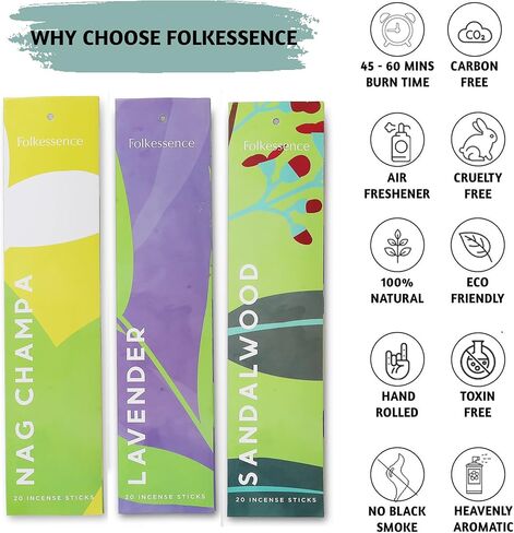 Folkulture Incense Sticks - Set of 6 Incenses (120 Sticks) for AM to PM Healing - Lavender, Palo Santo and Cedar, Dragon's Blood, Patchouli, Sandalwood, Nag Champa - Boho Gift Set in Kuwait
