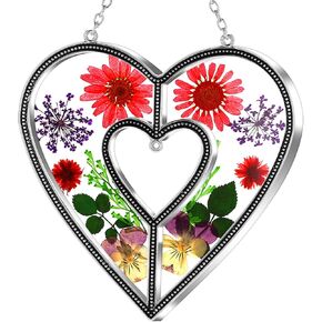 KY&BOSAM Heart Suncatchers الجدة هدية زخرفة الزجاج الملون الشمس الماسك حديقة الشنق النوافذ مع ضغط زهرة القلب جزءا لا يتجزأ من الهدايا الزجاجية للجدة عيد الأم هدايا عيد ميلاد in Kuwait