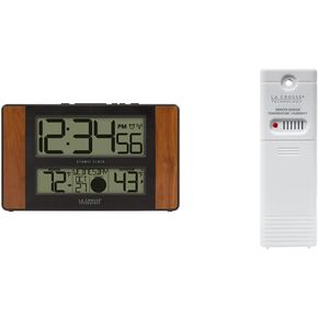 La Crosse Technology 513-1417CH-INT Atomic Digital Clock with Temperature and Moon Phase, 11.10"L x 1.14"W x 6.61"H, Cherry & TX141TH-BV4 Wireless Outdoor Thermo-Hygrometer Transmitting Sensor, White