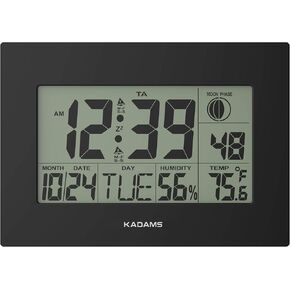 KADAMS Large Digital Wall Clock - Dual Alarm with Snooze Function - Wall Calendar - Moon Phase - Temperature & Humidity - Fold-Out Table Stand, Multiple Mounting Options - Battery Operated (Black)