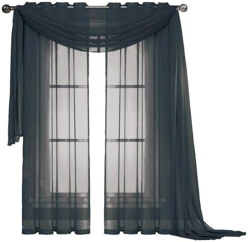 3 Piece Sheer Panel (2 Pieces 58" x 84") and Scarf Window (1 Pieces 37" x 216") Curtain Combo Set (Black) in Kuwait